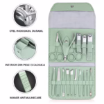 Set profesional 16 piese pentru manichiură, pedichiură și îngrijire facială, cu husă elegantă din piele ecologică, verde - imagine 5