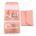 Set profesional 16 piese pentru manichiură, pedichiură și îngrijire facială, cu husă elegantă din piele ecologică, roz