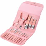 Set profesional 16 piese pentru manichiură, pedichiură și îngrijire facială, cu husă elegantă din piele ecologică, roz - imagine 5