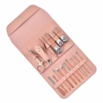 Set profesional 16 piese pentru manichiură, pedichiură și îngrijire facială, cu husă elegantă din piele ecologică, roz - imagine 6