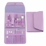 Set profesional 16 piese pentru manichiură, pedichiură și îngrijire facială, cu husă elegantă din piele ecologică, mov