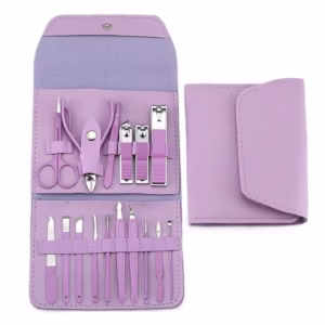 Set profesional 16 piese pentru manichiură, pedichiură și îngrijire facială, cu husă elegantă din piele ecologică, mov