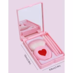 Set 4 Mini Pensule de Machiaj, Flippy, Portabile, in Carcasa cu Oglinda, din Par Sintetic Moale, Roz, Model cu Inima, 12x7x2.5 cm - imagine 3