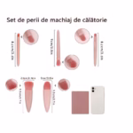 Set 5 Mini Pensule de Machiaj, Flippy, Portabile, in Carcasa cu Oglinda, din Par Sintetic Moale, Roz Pastel, 12x7x2.5 cm - imagine 5