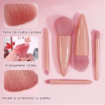 Set 5 Mini Pensule de Machiaj, Flippy, Portabile, in Carcasa cu Oglinda, din Par Sintetic Moale, Roz Pastel, 12x7x2.5 cm - imagine 6