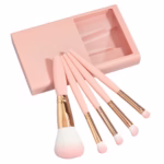 Set 5 Pensule de Machiaj cu Peri Moi, Suport pentru Depozitare și Oglindă, Roz - imagine 2
