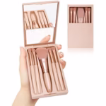 Set 5 Pensule de Machiaj cu Peri Moi, Suport pentru Depozitare și Oglindă, Roz Pal - imagine 2